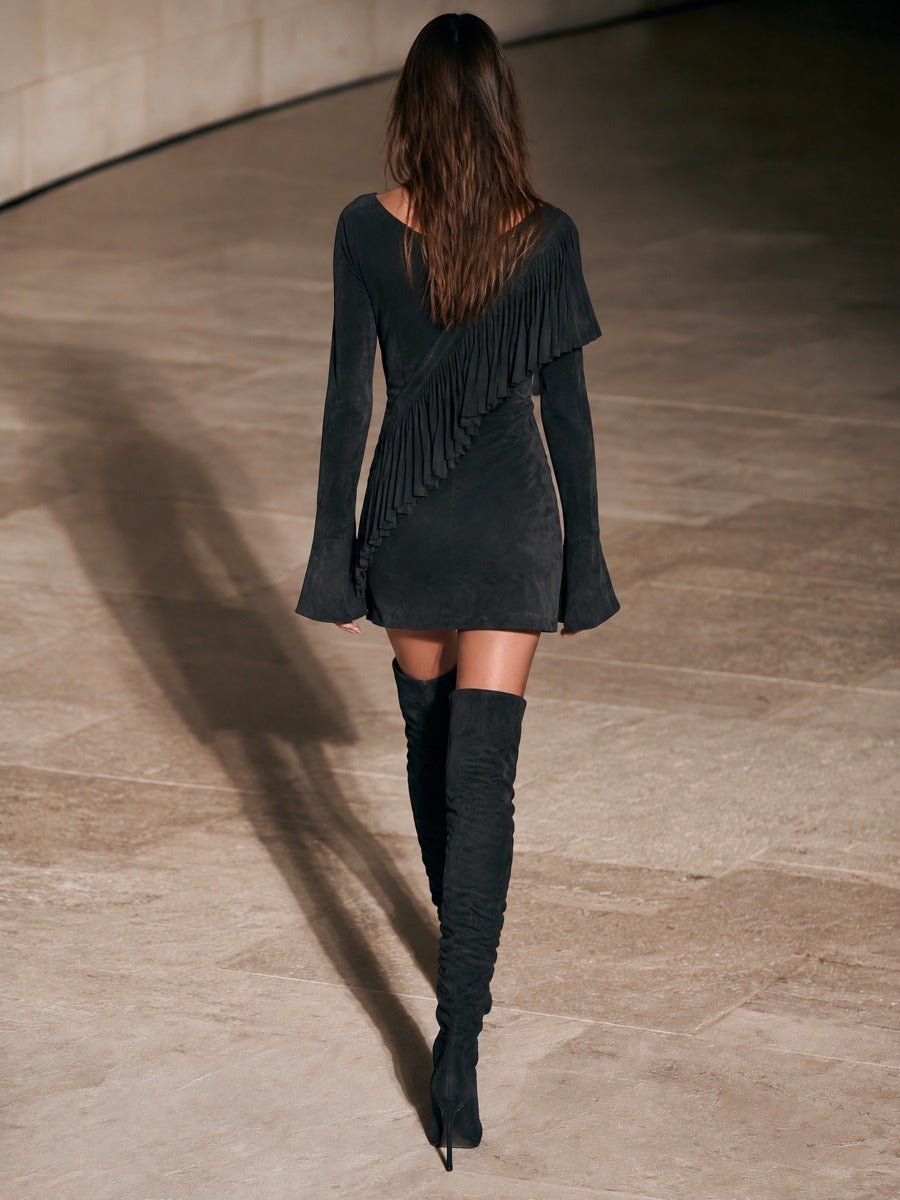 Faux Suede Cocktail Mini Dress with Bell Sleeves