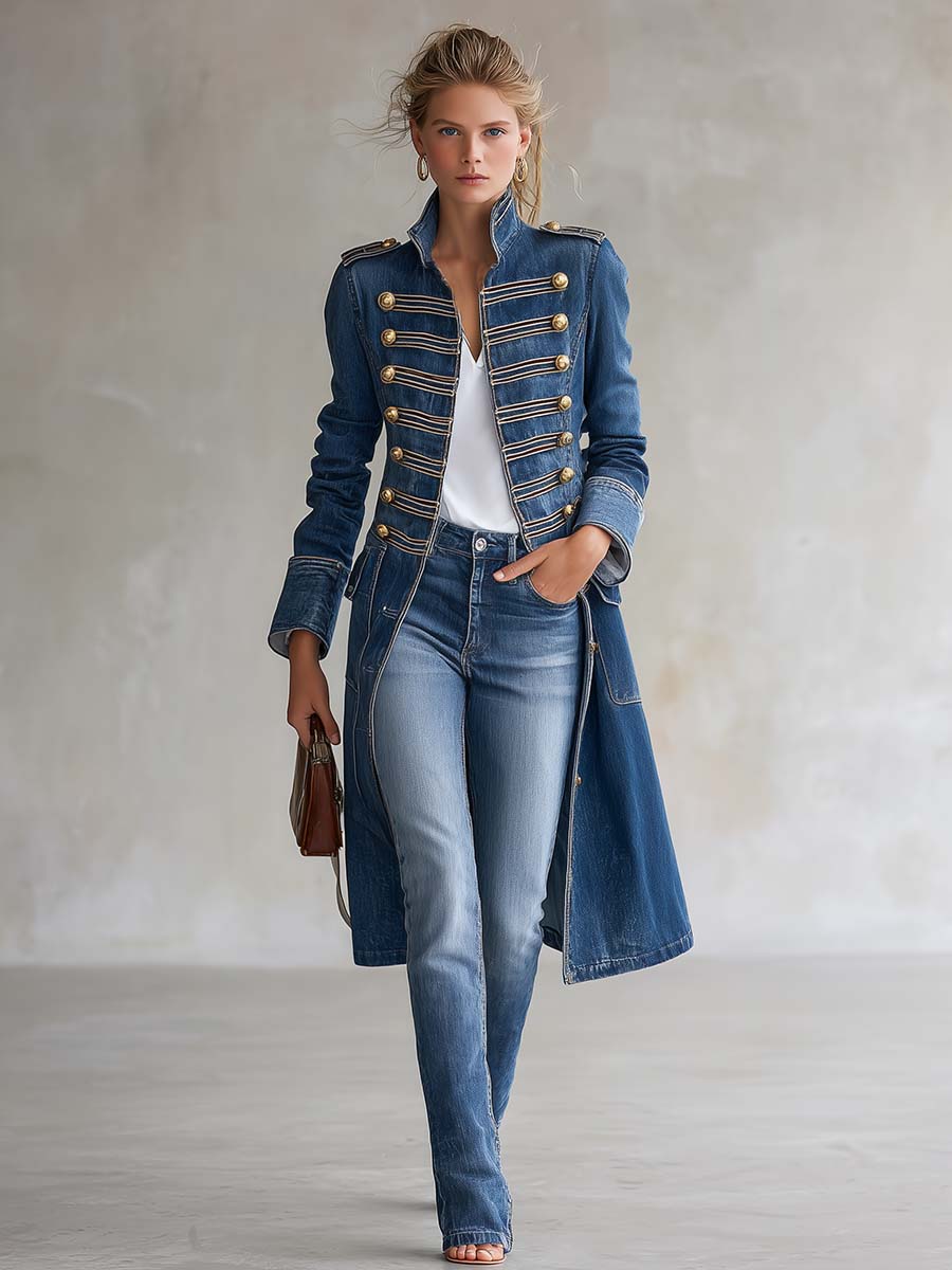 Long fitted military-style denim coat