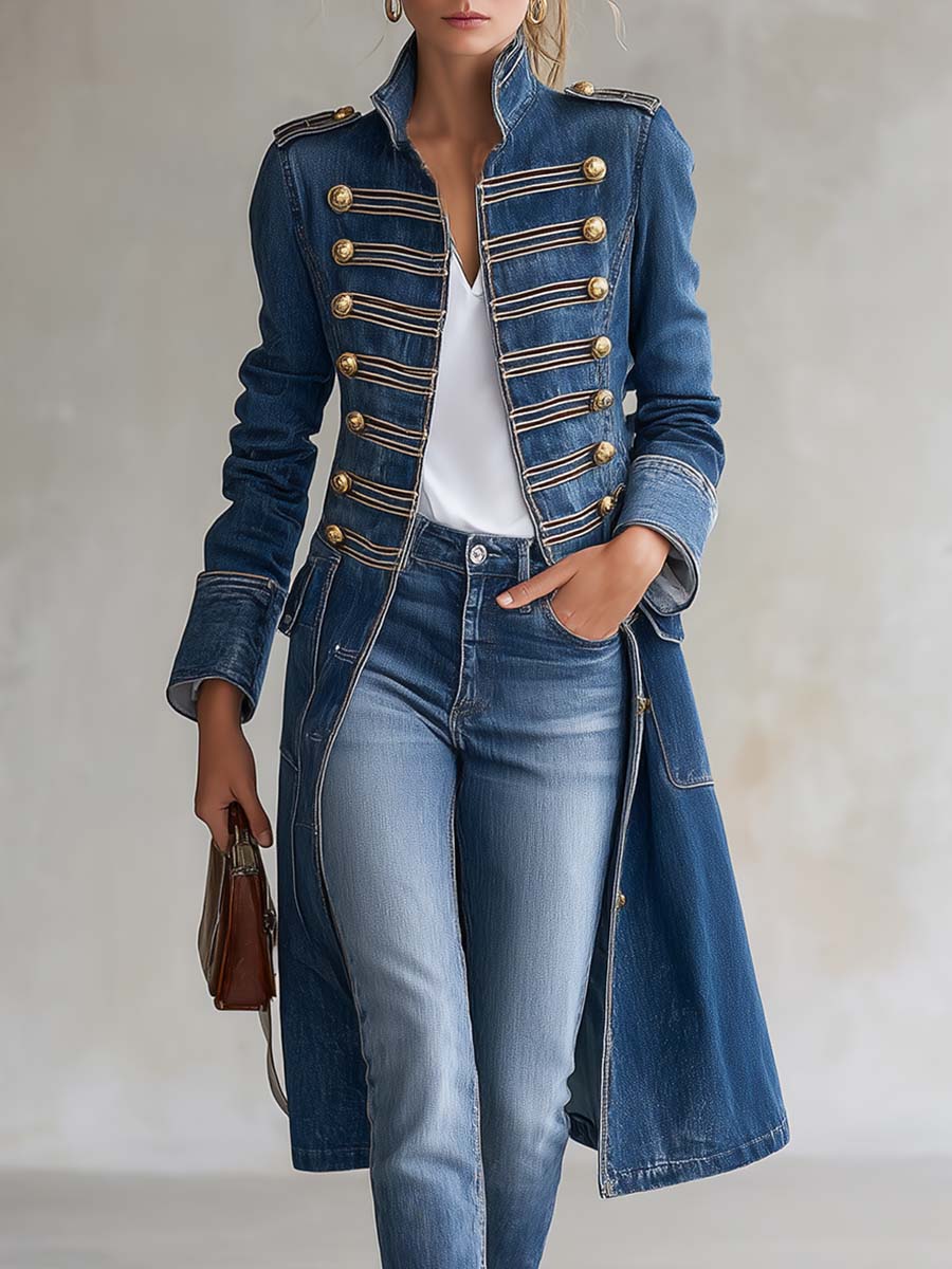 Long fitted military-style denim coat