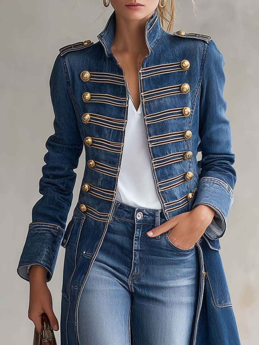 Long fitted military-style denim coat