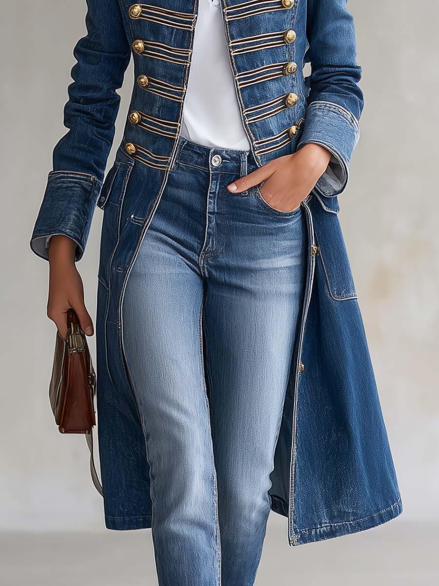 Long fitted military-style denim coat
