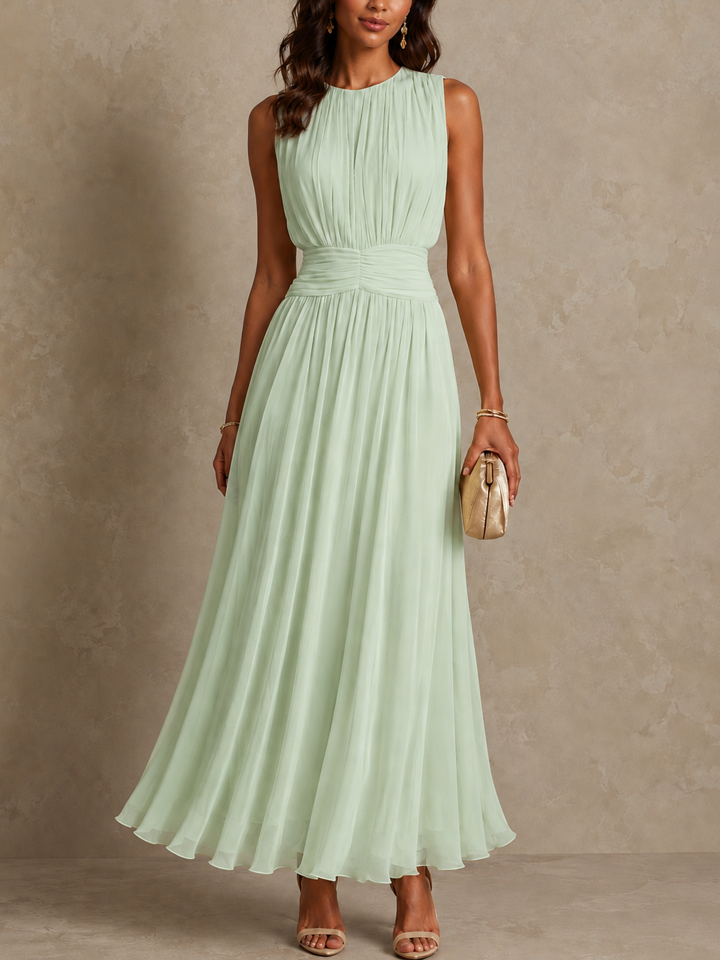 Roxanne Ruched-Waist Sleeveless Maxi Dress