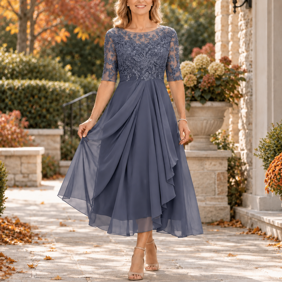 Rosalie - Lace Bodice Draped Midi Dress
