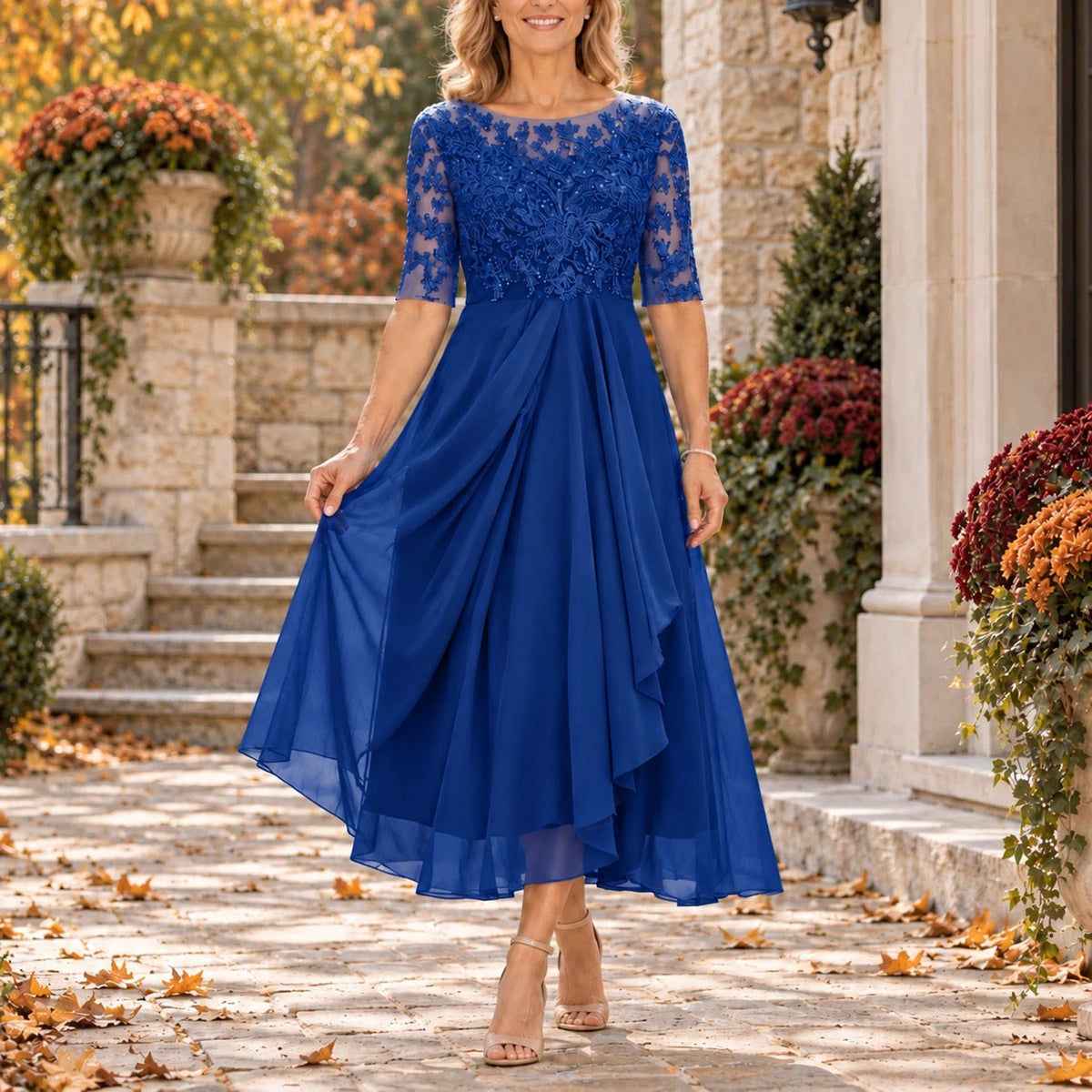 Vanessa - Lace Bodice Draped Midi Dress