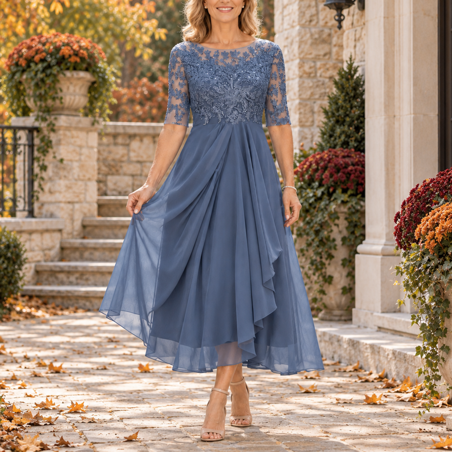 Alaina - Lace Bodice Draped Midi Dress