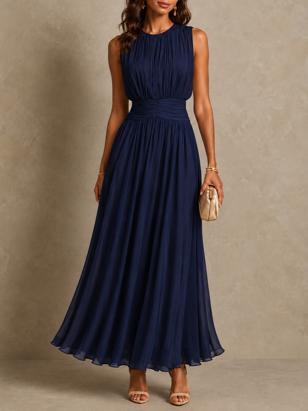 Roxanne Ruched-Waist Sleeveless Maxi Dress