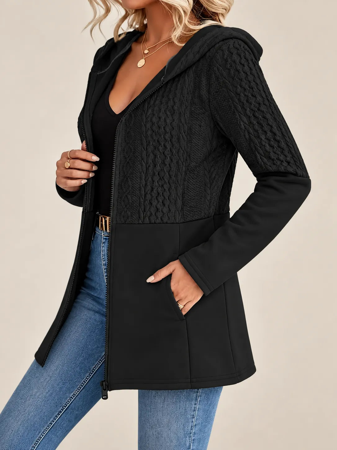 Adeline | Cable-Knit Textured Hooded Jacket
