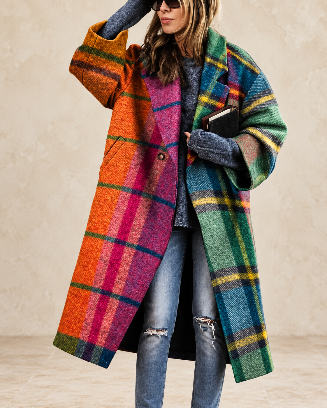 Madeline Women’s Multicolor Plaid Long Coat with Button-Front Closure