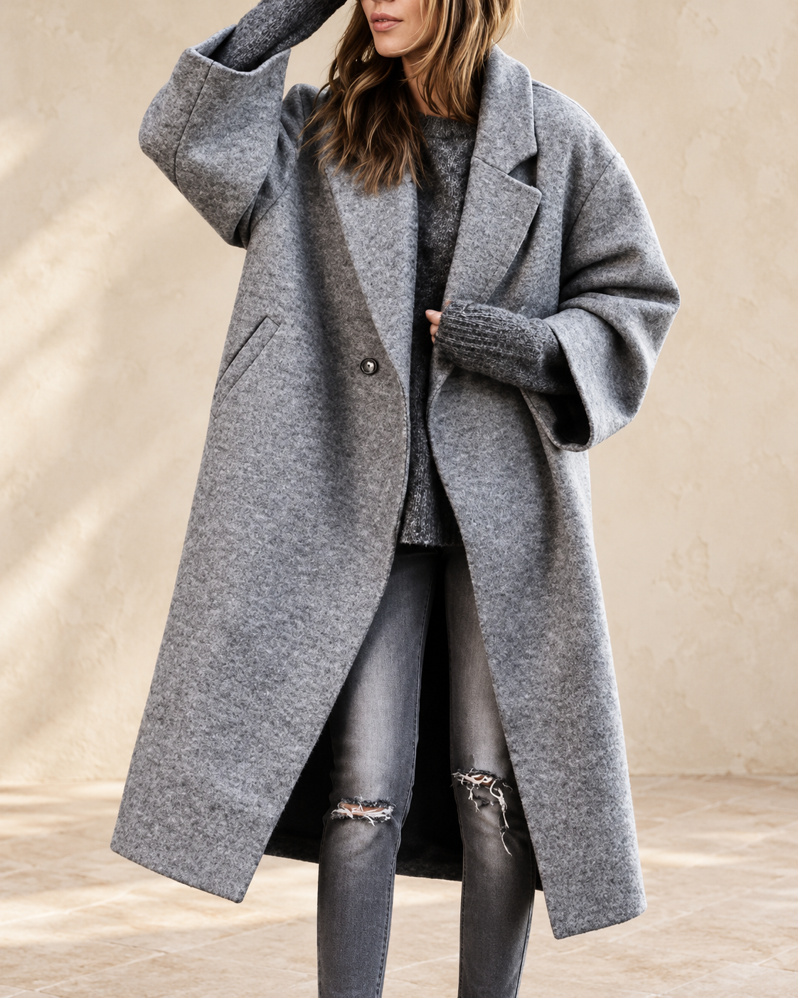 Eleanor Women’s Gray Tailored Long Coat with Button-Front Closure