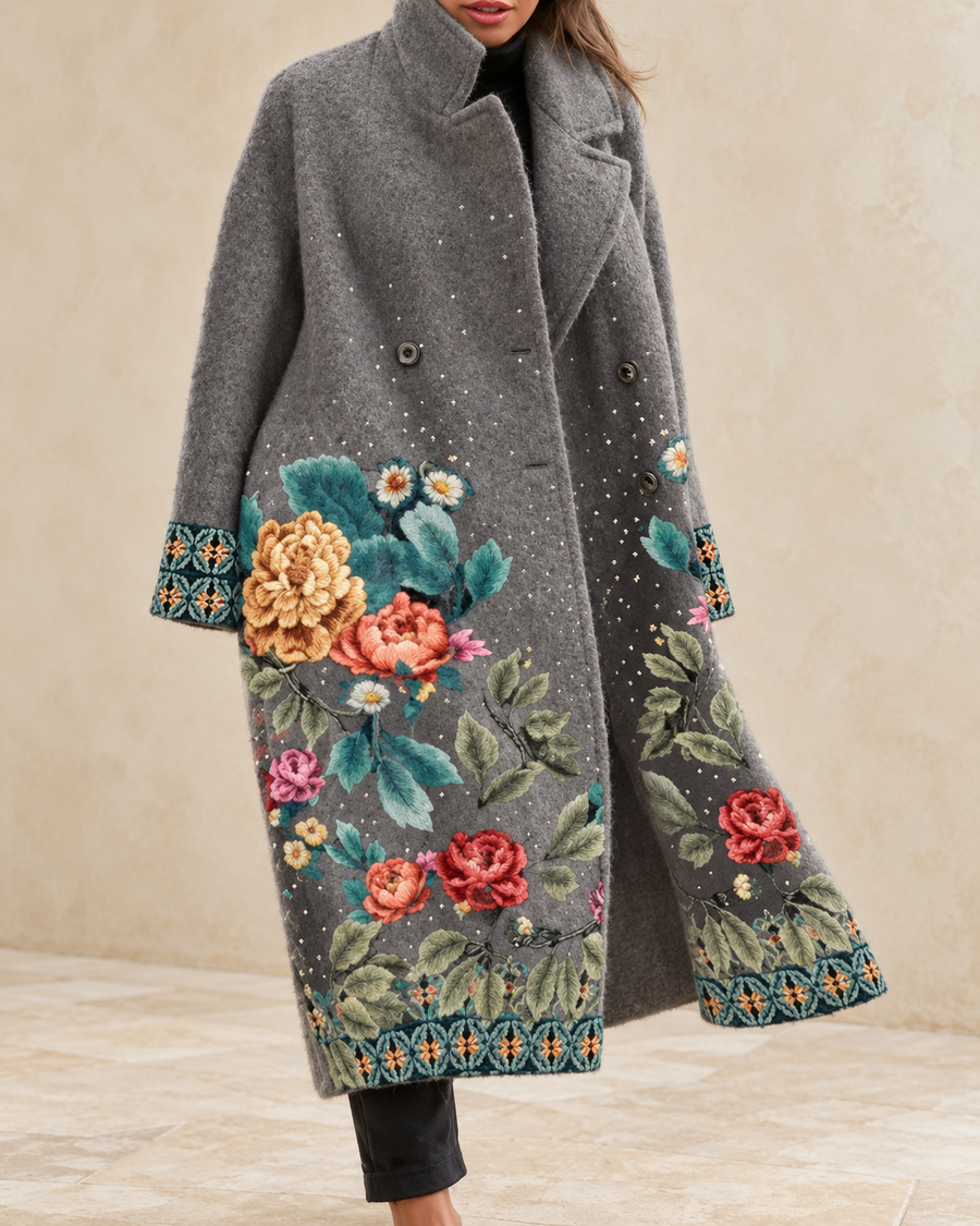 Lucille Women’s Gray Floral Print Long Coat with Colorful Embroidered Border