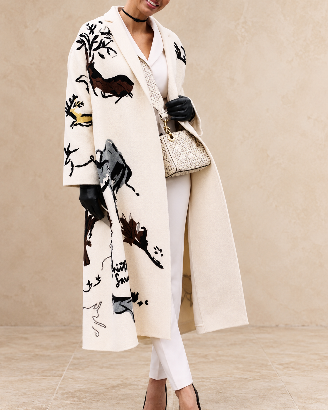 Josephine Women’s Ivory Butterfly-Print Long Coat with Black Pattern