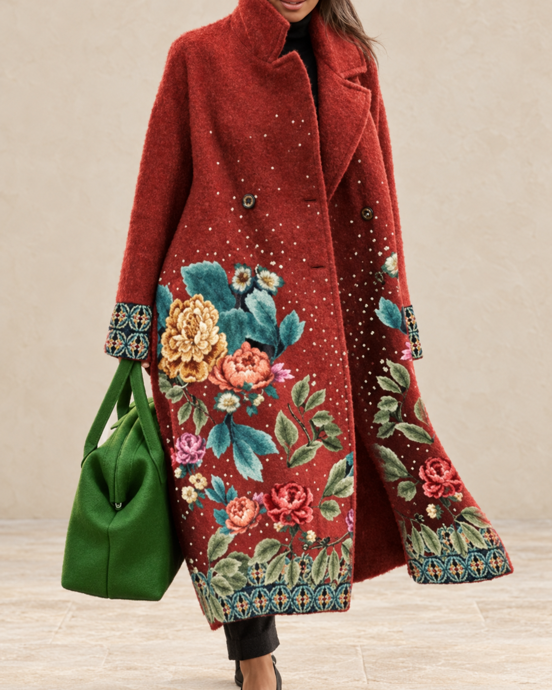 Genevieve Women’s Red Floral Long Coat with Green Embroidered Border
