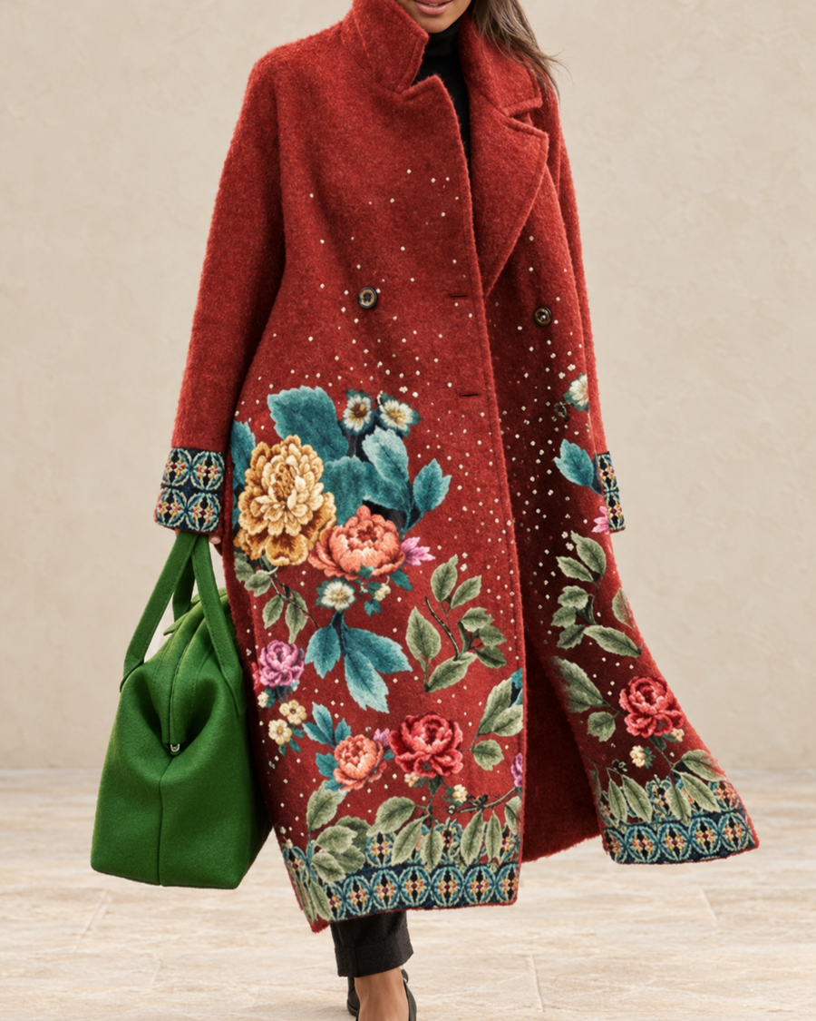 Genevieve Women’s Red Floral Long Coat with Green Embroidered Border