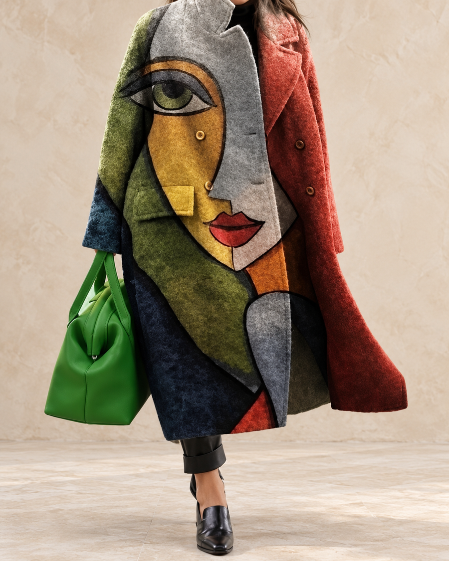 Rosalie Women’s Green and Red Abstract Color-Block Long Coat