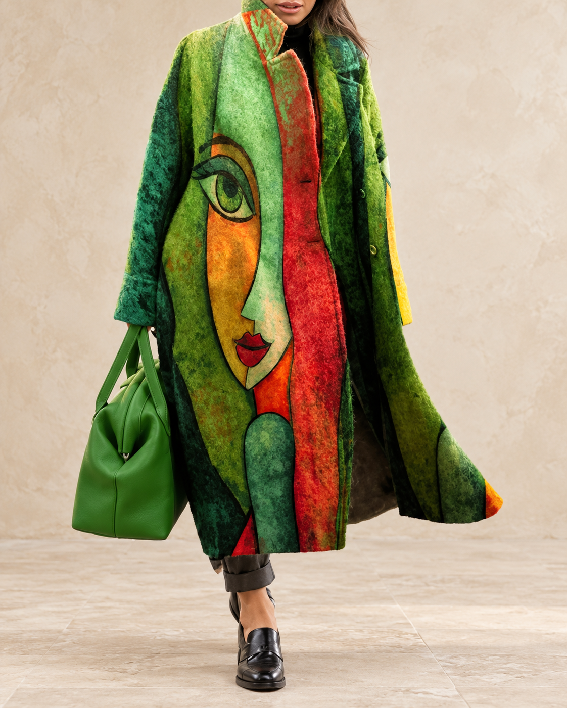 Colette Women’s Green, Brown and Orange Abstract Patchwork Long Coat