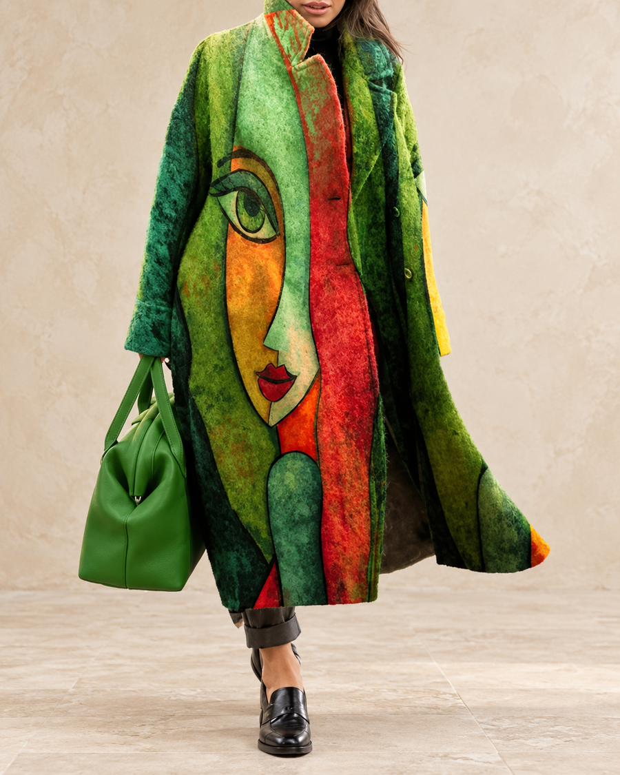 Colette Women’s Green, Brown and Orange Abstract Patchwork Long Coat