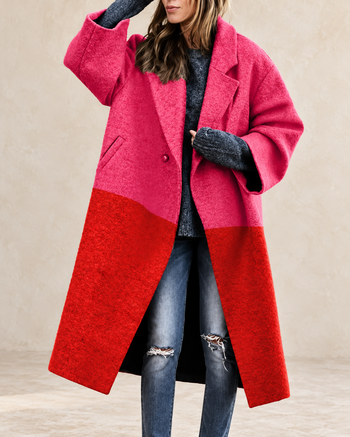 Ruby Women’s Red and Pink Color-Block Button-Front Long Coat