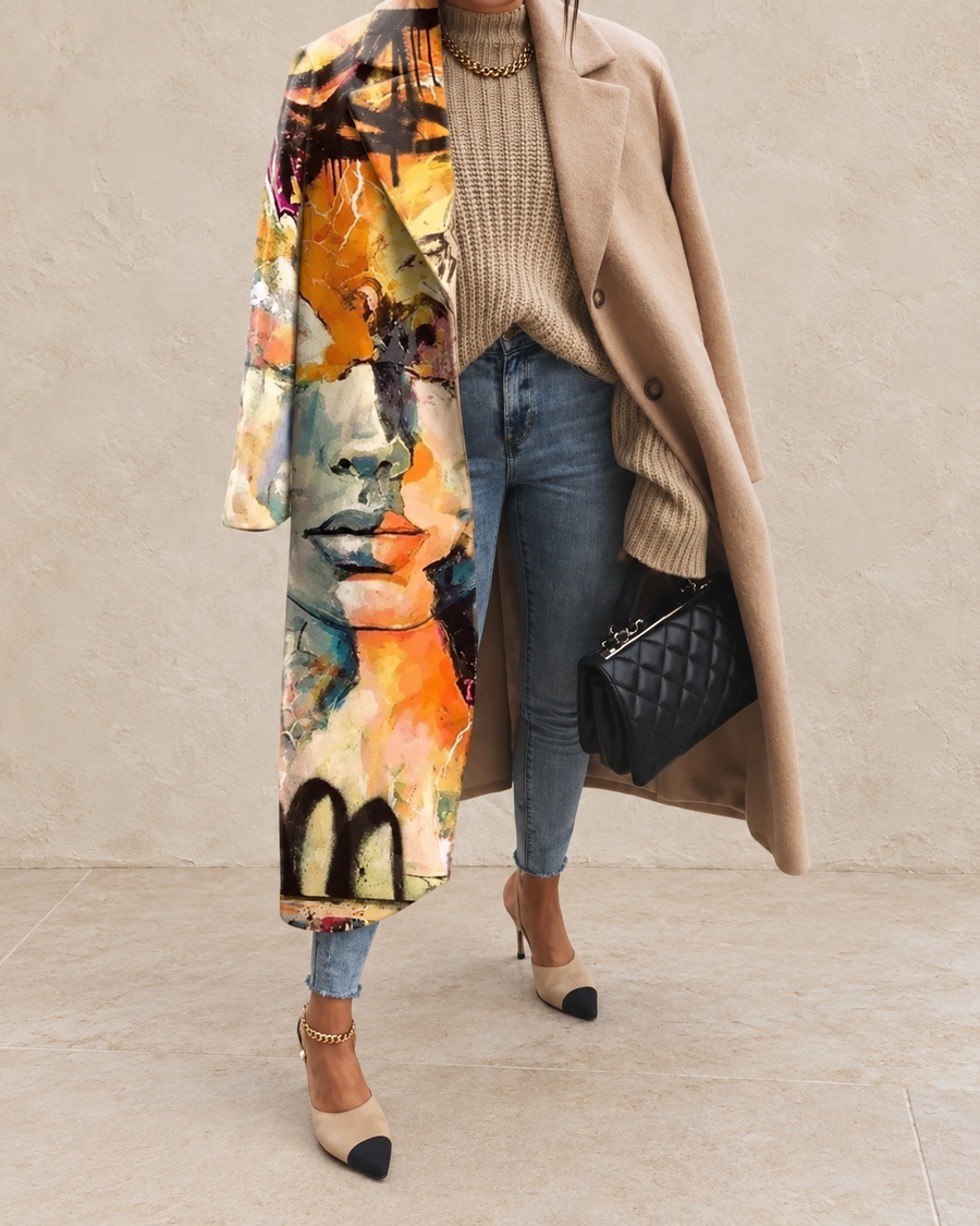Beatrice Women’s Brown and Multicolor Patchwork Print Long Coat
