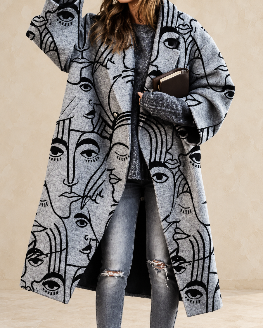 Margot Women’s Cream Long Coat with Black Abstract Line-Art Print