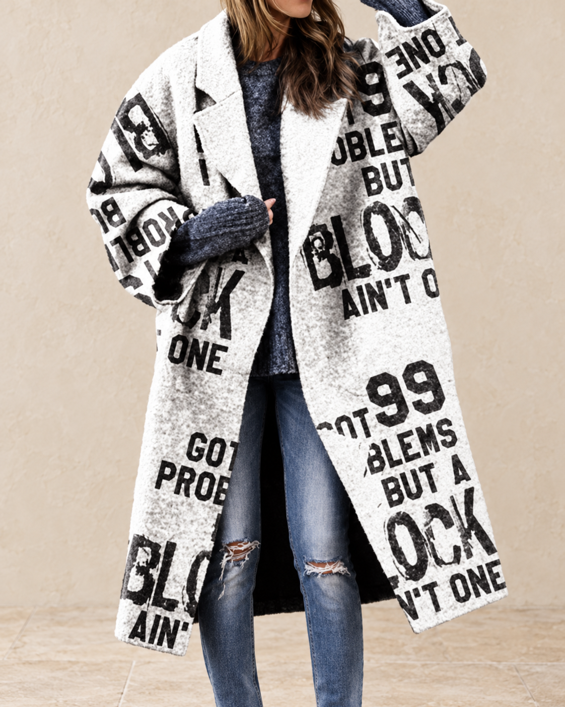 Daphne Women’s White Long Coat with Black Letter Print