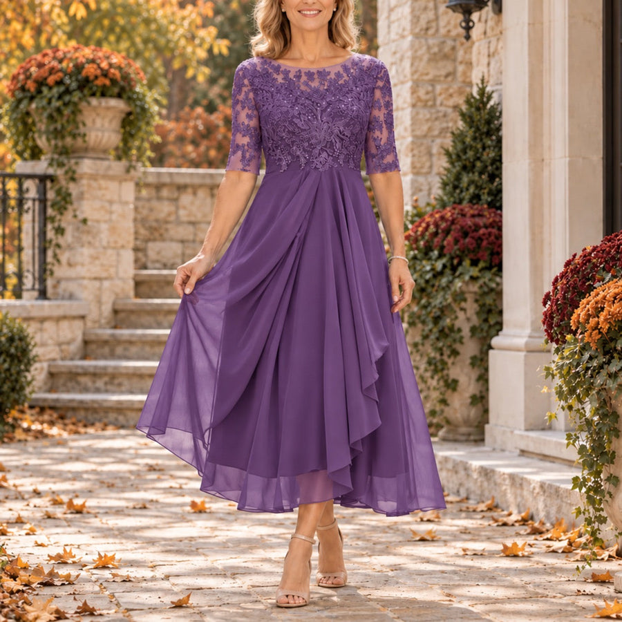 Giselle - Lace Bodice Draped Midi Dress