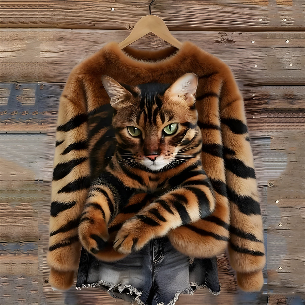 Warm Sweater with Cat Print