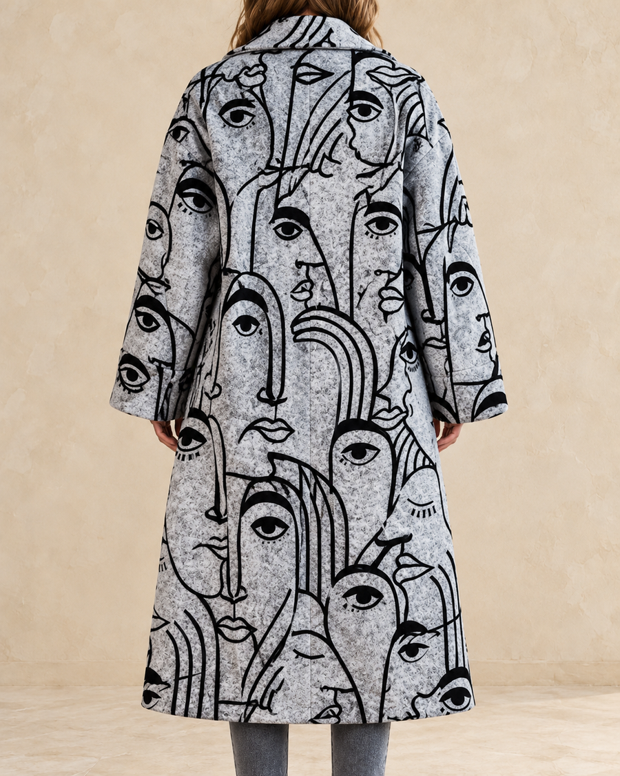 Margot Women’s Cream Long Coat with Black Abstract Line-Art Print