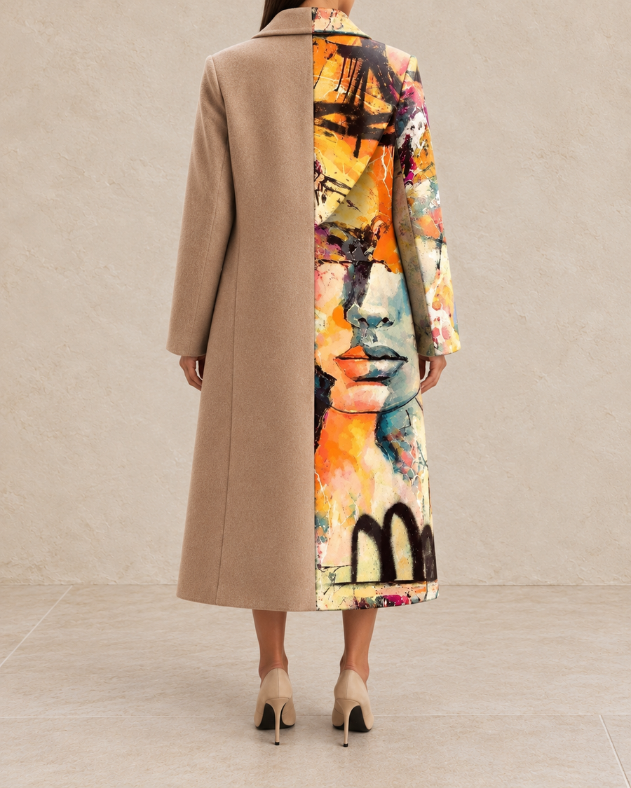 Beatrice Women’s Brown and Multicolor Patchwork Print Long Coat