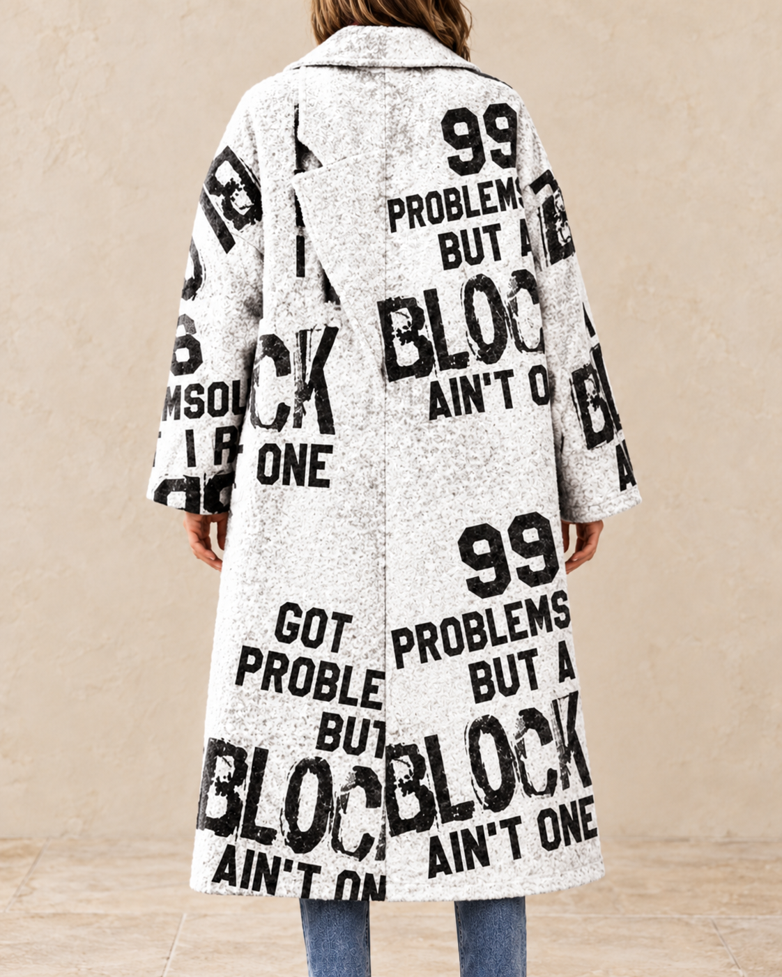 Daphne Women’s White Long Coat with Black Letter Print
