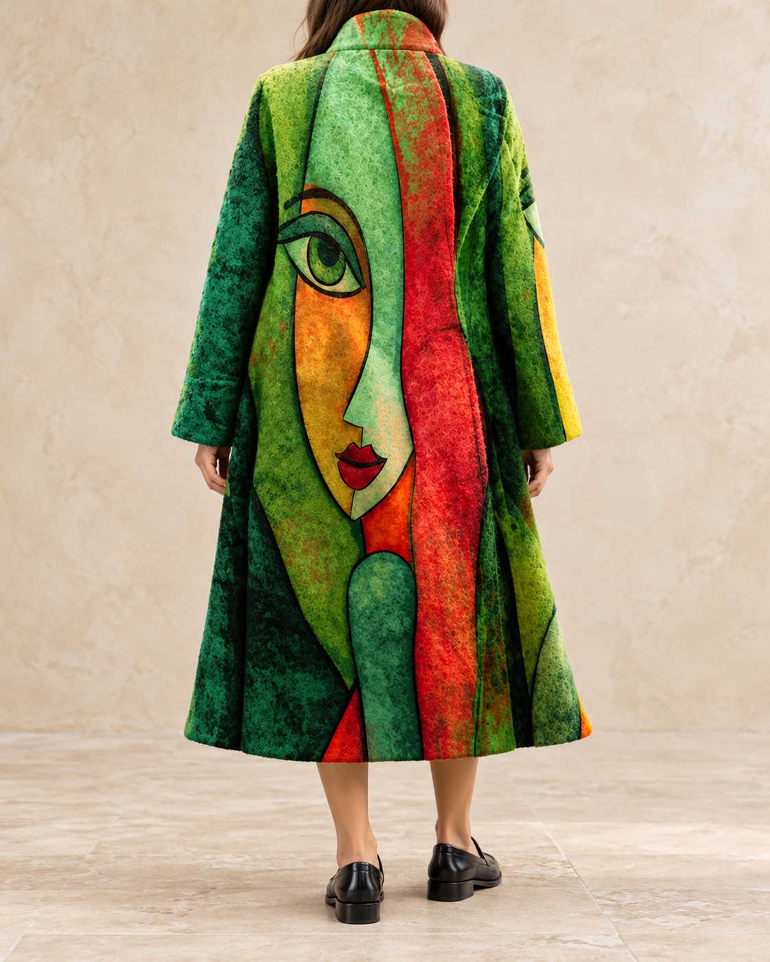 Colette Women’s Green, Brown and Orange Abstract Patchwork Long Coat