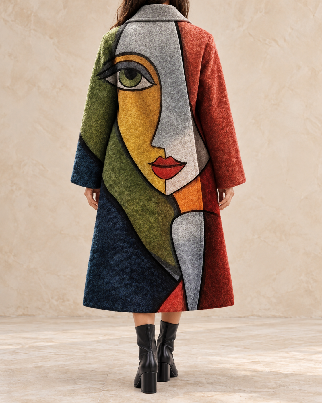 Rosalie Women’s Green and Red Abstract Color-Block Long Coat