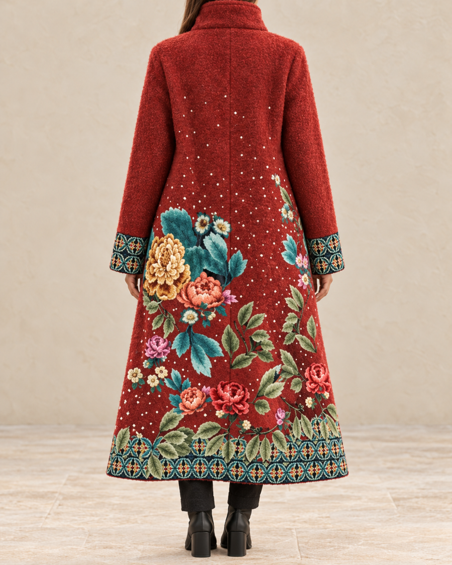 Genevieve Women’s Red Floral Long Coat with Green Embroidered Border