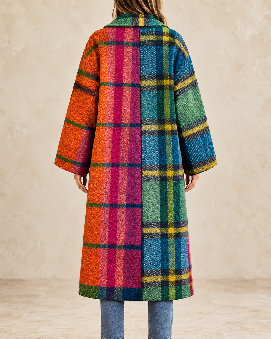 Madeline Women’s Multicolor Plaid Long Coat with Button-Front Closure