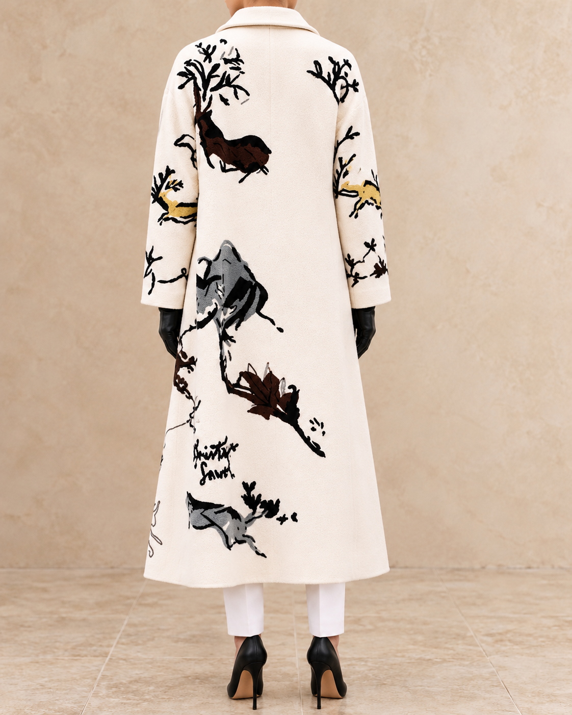 Josephine Women’s Ivory Butterfly-Print Long Coat with Black Pattern