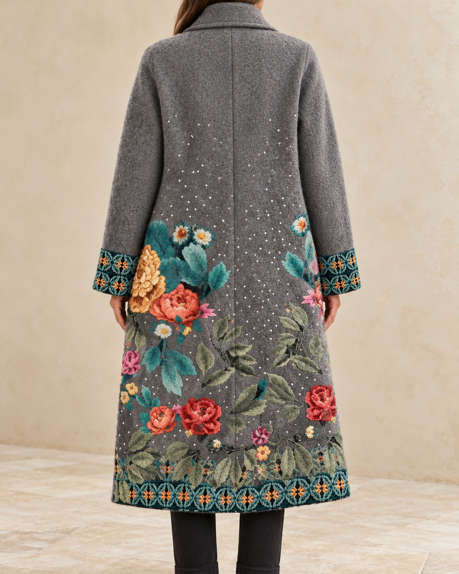Lucille Women’s Gray Floral Print Long Coat with Colorful Embroidered Border