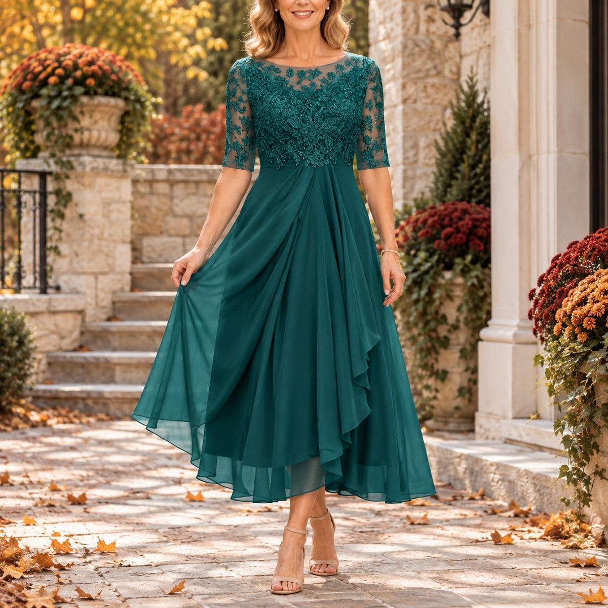 Cora - Lace Bodice Draped Midi Dress