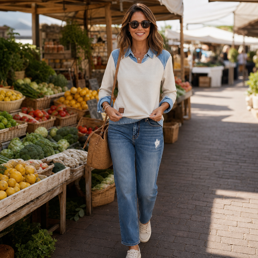 Denver | Denim-Yoke Colorblock Pullover Sweatshirt