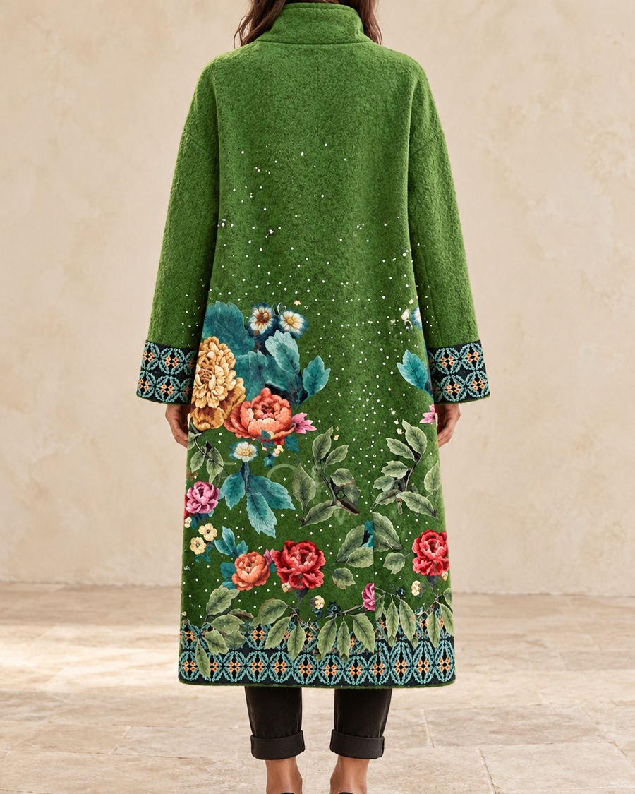 Marlowe Women’s Green Floral Print Long Coat with Colorful Embroidered Border