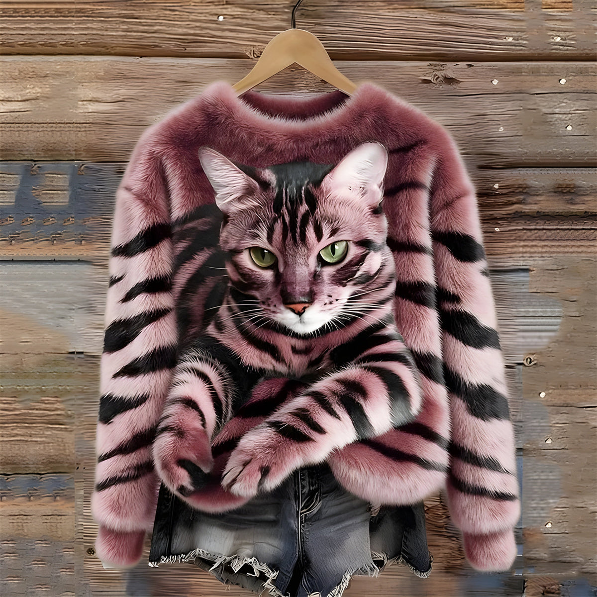 Warm Sweater with Cat Print